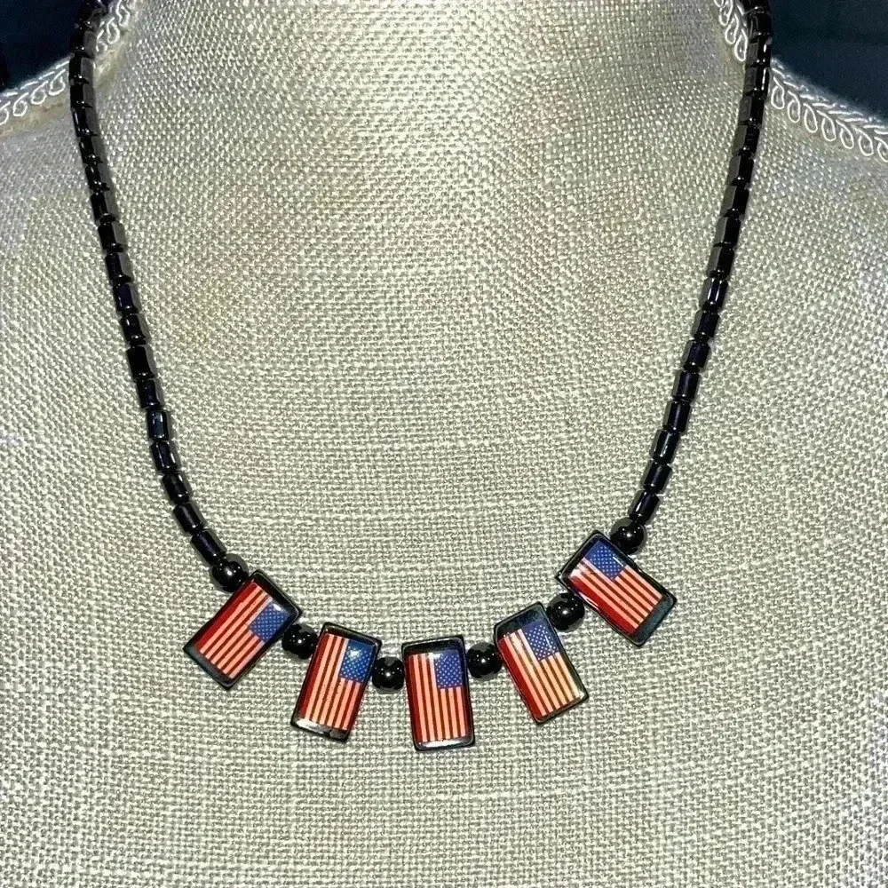Hematite American flag patriotic necklace, 4th of July, unisex